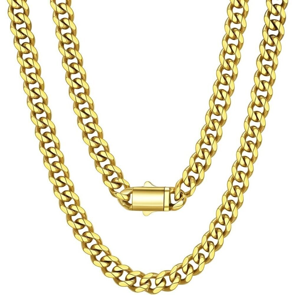 Men's 9MM Width-Gold Stainless Steel Miami Cuban Curb Link Chain Necklace